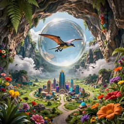 a ultra - realistic massive volume cave : 5, ; bright coloured natural flowers and ferns : 1 ; miniature futuristic city : 7, open plains : 2, mysterious clouds : 2, highly symmetrical, a pterodactyl flying in a huge perfect glass sphere, octane render hd, 4 k, ultra - realistic, in unreal engine, trending on artstation, concept art