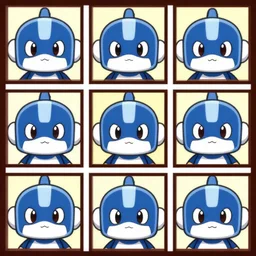 a 3 - by - 3 grid of 9 framed closeup face portraits of cute evil robots, in the style of mega man.