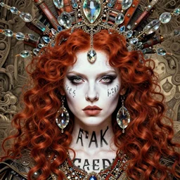 a fierce looking beautiful young woman with curly red hair and symmetrical white makeup, wearing an intricate headdress made from glass and leather, wearing large earrings made from glass, black words written on skin, hyperdetailed illustration by irakli nadar and alexandre ferra, intricate linework, in the style of a national geographic portrait, unreal engine 5 highly rendered, global illumination, radiant light, detailed and intricate environment