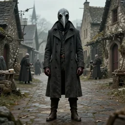 A man draped in a ankle-length overcoat with leather gloves and boots wearing a bird-like beak mask in a medieval village by Greg Rutkowski, Bloodborne, photorealistic, volumetric lighting, HD, subtle details, dramatic