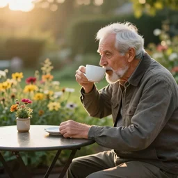 old man drinking coffee at a small table outdoors, flower garden in the background, golden hour