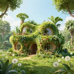 beautiful organic house made of imaginary plants and dandelions in a serene garden, architectural render, chillwave, futuresynth, outrun, by gabriel dawe, skottie young and jessica rossier, vegetal architecture, by isaac cordal 2, junglepunk, blender, trending on behance h 7 0 4 w 1 2 8 0