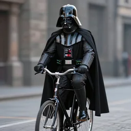 dslr photography of darth vader highly detailed and accurate body and face from star wars riding a bicycle