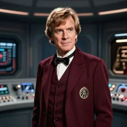 Tom Baker as the Doctor in his burgundy costume in the Tardis secondary control room
