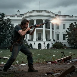 lumberjack shooting at dark skinny zombies with shotgun in destroyed white house in washington dc, hyperdetailed, artstation, cgsociety, 8 k