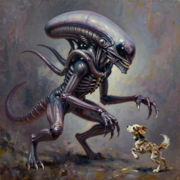 pet xenomorph playing fetch character study oil paint on canvas
