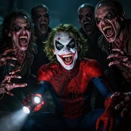 Joker imitates Spider-Man and laughs, scary scene, top horrible creatures, horrible, horrors filmed on camera, fangs and drool, jaw and tongue, man is terrified, 8k, black and red, octane render, hyper-realistic, artstation trends, ray tracing, night, flashlight