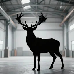 a silhouette of a great deer standing majestic in a large industrial room with massive windows, golden light, smoke, backlit, realistic photo, artstation