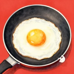 fried egg, soft yolk, frying pan, kseniia yeromenko, rob duenas, watercolor, illustration, red background, highly detailed