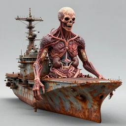 technobiological rusty aircraft carrier consisting of tumors, veins, meat, kidneys, entrails, guts, skin. biopunk, bodyhorror, high detail, photorealism, full length view, very rust, concept art, octane render, 8 k. cgsociety by hermann nitsch, dariusz zawadzki