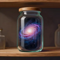 a galaxy in a glass jar on a wooden shelf, concept art, science fiction, futuristic style, illustration, digital art