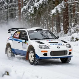 a 1 9 9 0 mazda savanna rx - 7, racing through a rally stage in a snowy forest