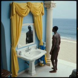 movie still by djibril diop mambety of a impossible blue neoclassical bathroom with yellow drapery with columns next to the ocean, cinestill 8 0 0 t 3 5 mm, heavy grain, high quality, high detail, isometric view