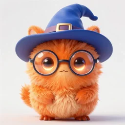 ultra-realistic ultra-detailed adorable fluffy bioluminiscent creature, orange fur, beautiful light big eyes, big round glasses, blue witch hat, tiny mouth, 🤩 , clean white background, DOF, soft lighting, octane rendering, unreal engine render, ultra detailed cinematic