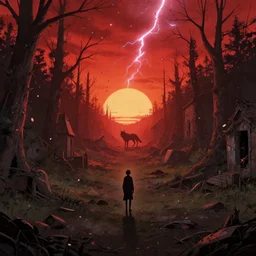 abandoned bloodborne old valley with a person at the centre and a werewolf at the end of the valley, trees and stars in the background, falling petals, epic red - orange sunlight, perfect lightning, illustration by niko delort