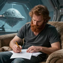 “neckbeard trimming his pubes, hyper realistic, tour of alien spaceship, ruling the entire planet from his couch, writing on pencils using paper, award winning picture, Pulitzer Prize award winning horse”