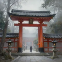 foggy japanese shrine!!! a highly detailed cinematic oil painting by roger dean and alena aenami, dynamic lighting