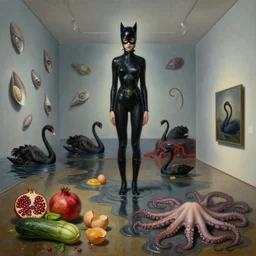 painting of a flooded art gallery room at an art gallery, a tall emo catwoman, a molluscs on the walls, black swans, lava, pomegranates, courgettes, raw eggs, egg shells, sensual, octopus tentacles coming from puddles, zen, surrealist, by magritte and monet