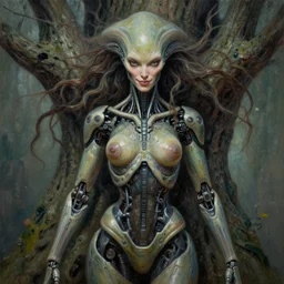 perfectly centered portrait, front view of a beautiful biomechanical android alien tree, female, flowing hair, intense stare, sarcastic smile, symmetrical, concept art, intricate detail, volumetric shadows and lighting, realistic oil painting by tim hildebrandt,