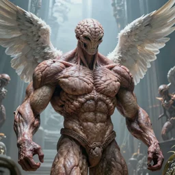 muscular giant brain with alien eyeball being worshipped by angels ultrarealistic sci fi