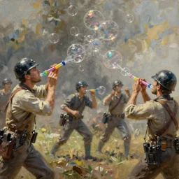 Civil War fight with bubble blowers, oil painting, masterpiece