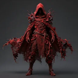 full character concept art, male ranger wearing a hooded cape made of red vines, dark flowers, roots and thorns, detailed, high quality, dynamic lighting, dark fantasy. artwork by artgerm, wlop, alex ross, greg rutknowski, alphonse mucha