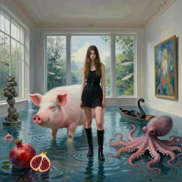 painting of a tall emo girl wearing long black boots in a flooded art gallery, a giant pig, pomegranates, octopus, flooded, floating sculptures, luxury windows with view of nature, art on the walls, fish, zen, waterfall, black swans, canoe, berries, surrealist, by magritte and monet