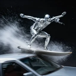 silver surfer surfing on top of a car in space, heavy motion blur, gerald brom, 4k