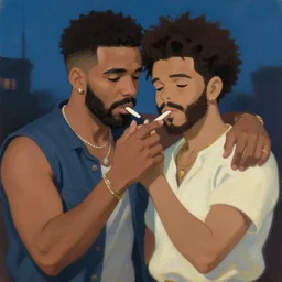drake and the weeknd smoking by ghibli, brown skin, classical painting, digital painting, romantic, vivid color, oil painting