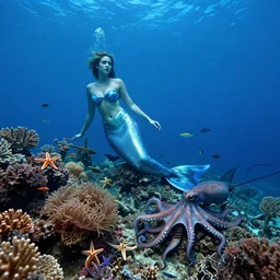 cinematic photograph of a mermaid by tim walker and wes anderson, in the ocean, deep blue colours, lots of detail, coral reef, sea anemones, starfish, fish, octopus, stingray