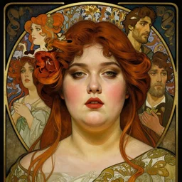 hyper-realistic detailed face portrait of attractive chubby, plus-sized model by Alphonse Mucha, Ayami Kojima, Amano, Charlie Bowater, Karol Bak, Greg Hildebrandt, Jean Delville, and Mark Brooks, Art Nouveau, Neo-Gothic, gothic, rich deep moody colors