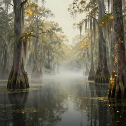 a retrowave style artwork of bayou national park, a land of the dead, divine, hazy, volumetric lighting, spacetime bending, very detailed, serene, gold accents, washed out colors, beautiful artwork, master level composition, raytracing
