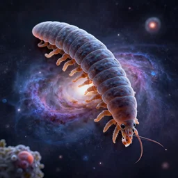microscopic image a tardigrade eating a microscopic galaxy.