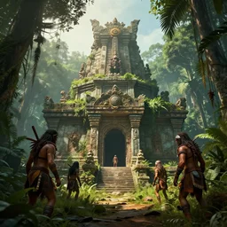 The Lost Temple: An ancient temple that has been lost in the jungle for centuries. It's said to be guarded by a vicious tribe of savages. octane render, 8k