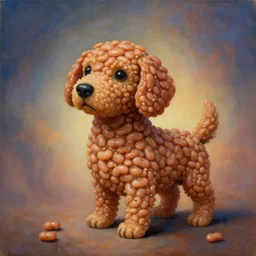 painting of a very cute bean dog consisting entirely of british baked beans, body entirely made of british baked beans, by zdzislaw beksinski, by dariusz zawadzki, by wayne barlowe, gothic, surrealism, cosmic horror, lovecraftian, cold hue's, warm tone gradient background, concept art, beautiful composition