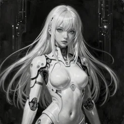 By Tom Bagshaw, ultra realist soft painting of an attractive cyberpunk anime female soft plastic skin full armored, with thin lustrous long hair floating, photorealistic eyes render, looking at camera, curiosities carnival, symmetry accurate features, very intricate details, focus, dark fantasy background, black and white, curvy