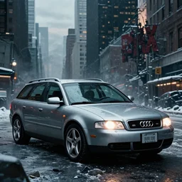 Audi A4 B6 Avant (2002), a post apocalyptic, dramatic lighting, cinematic, establishing shot, extremly high detail, photorealistic, cinematic lighting, artstation, style by greg rutkowsky, Max Payne (2003) winter New York landscape