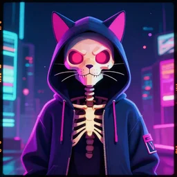 demon cat skeletor in hoodie, portrait, vaporwave, synthwave, neon, vector graphics, cinematic, volumetric lighting, f 8 aperture, cinematic eastman 5 3 8 4 film, photorealistic