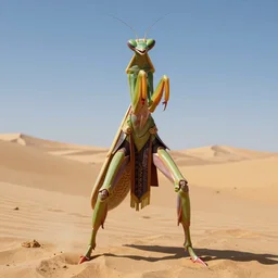 A standing praying mantis warrior posing a a desert, rage, realistic face, full body, fantasy art, in the style of greg rutkowski, illustration, epic, fantasy, intricate, hyper detailed, artstation, concept art, smooth, sharp focus, ray tracing, vibrant