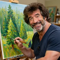 dwayne johnson as bob ross, zoomed into his face while he is painting a painting, ultra realistic, hd, 8 k, happy little trees