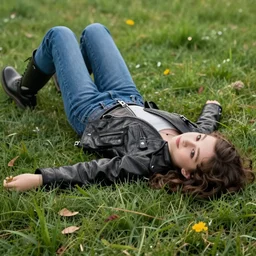 young girl lies on a meadow, she wears leather jacket, jeans and black boots, intricate, sharp focus, photo taken by nikon, 4 k,