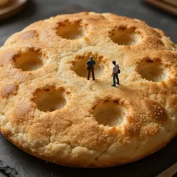 high quality photo of giant crumpet with tiny people coming out of the holes, highly detailed, cinematic lighting, ricardo bofill anka zhuravleva, dramatic lighting, top shot, uhd 8 k, shallow depth of field