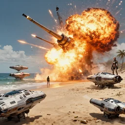 scenary, beach, spaceships disembarking, sci - fi, war, matte painting, artillery explosions, heavy fire, bullets, sci - fi heroine, dystopian, surrealism, artstyle alex ries, zdzisaw beksin