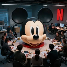 people in the workshop looking at the head of mickey mouse!!!!!!, netflix logo, made by artgerm, greg rutkowski, highly detailed 8 k art, low light cinematic, | upper view | close distance |