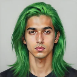 a portrait of green - haired avan jogia long hair, clean - shaven vivid colors, photorealistic painting by mandy jurgens, trending on artstation, photorealism, detailed painting, behance hd, hyper realism