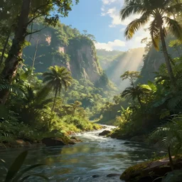 jungle landscape with a river, cinematic view, blue sky, detailed, concept art, low angle, high detail, realistic, warm lighting, volumetric, godrays, vivid, artstation, digital painting by jordan grimmer and greg rutkowski