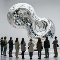 a group of people looking at an incredible sculpture made of molten steel and glass
