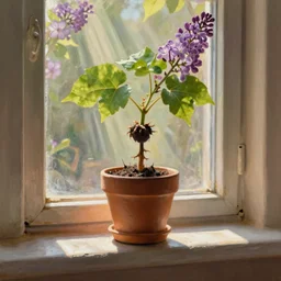 medium shot, simplified small man in a pot, with mandrake!!! leaves!!! growing on head, with lilac flowers, in a pot!!! at the window - sill!!!, in rays of light, dusty ray of light, golden, mild, romantic, intricate hyper detailed ultra sharp sharp focus, alexandre ferra, irakli nadar, octane render, masterpiece, oil painting 4 k, ultra hd,