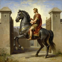 the trojan horse outside the gates of troy in the style of john william waterhouse, oil on canvas, 4 k resolution