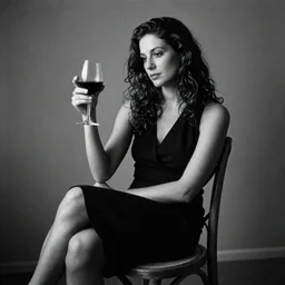 woman wearing dress is sitting on the chair with a wine glass, noire photo, realism, 8k, photo by marco glaviano, 35mm
